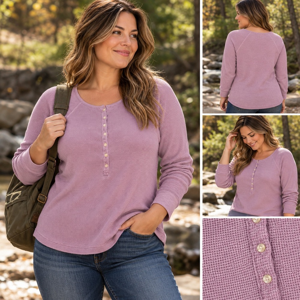 Eddie Bauer Waffle Knit Thermal Henley Women's XL Lilac Purple Long Sleeve Y2K